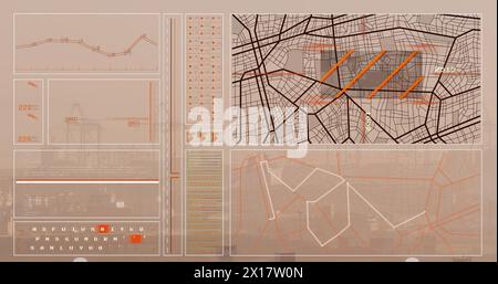 Immagine del grafico, dei cerchi di carico, delle barre, del modello di navigazione e del linguaggio informatico della città moderna Foto Stock