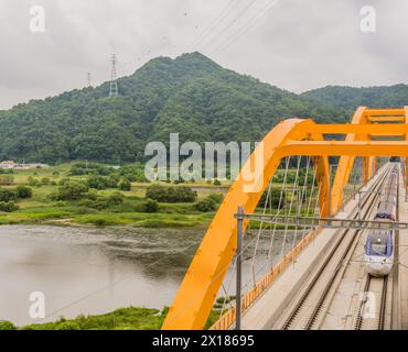 Vista dall'alto del treno che attraversa il ponte ad arco giallo su un fiume nella campagna sotto il cielo nuvoloso coperto nella Corea del Sud Foto Stock