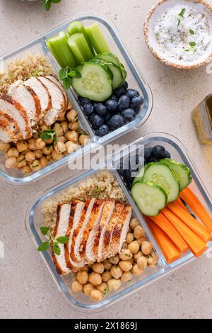 Contenitori per la preparazione dei pasti con cibi sani ad alto contenuto proteico preparati, quinoa cucinata, ceci e uova Foto Stock