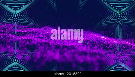 Immagine della scomparsa di caleidoscopio blu e particelle viola al neon che formano un pattern ondulato Foto Stock