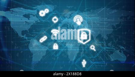 Immagine di più icone digitali sulla mappa mondiale su sfondo blu Foto Stock