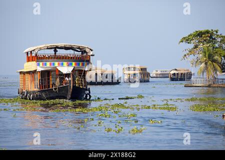 Case galleggianti tradizionali sul lago Vembanad, sistema di canali delle backwaters, Kerala, India Foto Stock