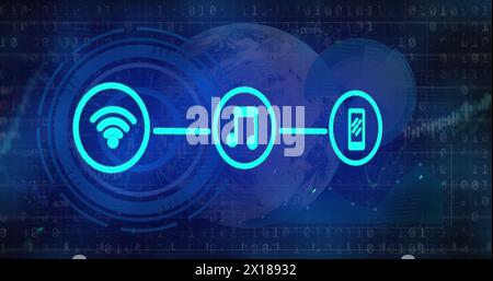Immagine di icone tecniche, grafico, globo e codice binario su sfondo scuro Foto Stock
