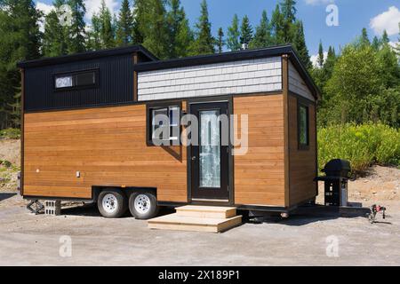 Contemporanea facciata Mini House mobile con tetto inclinato di 8 x 24 piedi, rivestita di ciottoli di legno di pino e quercia grigia color marrone e rivestita di nero Foto Stock