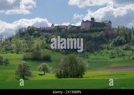 Vista del centro storico e del castello, Waldenburg, Waldenburg, Waldenburg, primavera, aprile, Hohenlohe, Heilbronn-Franken, Baden-Wuerttemberg, Germania Foto Stock