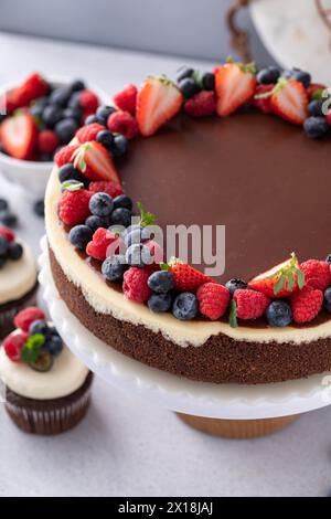 Cheesecake classica ricoperta di ganache al cioccolato e frutti di bosco freschi Foto Stock