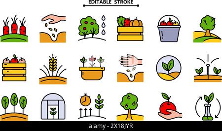Set icone colore vettoriale correlate al giardinaggio. Tratto modificabile. Contiene icone come irrigazione automatica, semina, serra e altro ancora. Illustrazione vettoriale iso Illustrazione Vettoriale