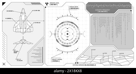 Pannello di controllo futuristico VR HUD. Obiettivo del display head-up e schermo del centro comandi dell'interfaccia utente. Interfaccia GUI per realtà virtuale digitale con design ad alta tecnologia. Cruscotto eps della cabina di pilotaggio FUI Sci Fi Illustrazione Vettoriale