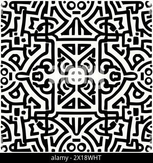 Motivo geometrico monocromatico con rettangoli e cerchi su tessuto bianco Illustrazione Vettoriale