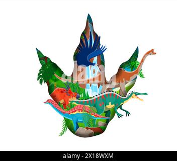 Impronta di dinosauro tagliata di carta con simpatici personaggi di dinosauro. Telaio vettoriale 3d isolato a forma di zampa di dinosauro con taloni pieni di animali preistorici nell'antico paesaggio giurassico con piante della giungla Illustrazione Vettoriale