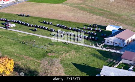 Scattata dall'alto, questa immagine mostra un raduno della comunità Amish, con una serie di tradizionali buggy trainati da cavalli. Perfetto per scoprire la cultura Amish, la vita rurale o la storia dei trasporti, per un matrimonio Amish Foto Stock