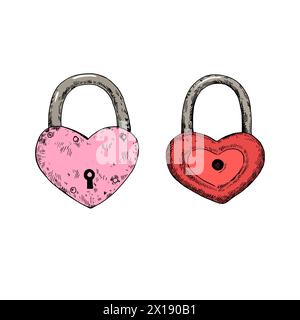 Lucchetti a forma di cuore in stile retrò. Elementi di design disegnati a mano. Illustrazione vettoriale. Illustrazione Vettoriale