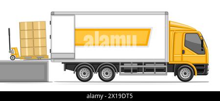 Illustrazione vettoriale del carrello di carico, testata orizzontale con vista laterale profilo, carrello elevatore a pallet ordine di carico con posta pacchi nel carrello di consegna, commercio Illustrazione Vettoriale
