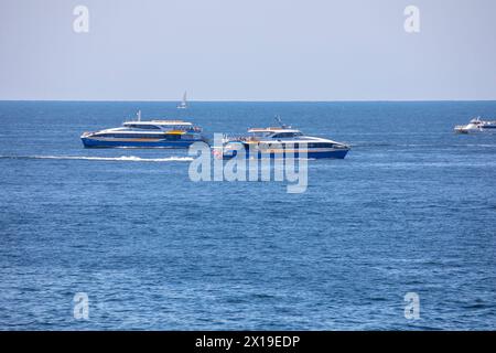 Due traghetti veloci NRMA Manly, passano l'un l'altro nelle teste di Sydney, uno diretto a Manly e l'altro a Circular Quay, Sydney, NSW, Australia Foto Stock