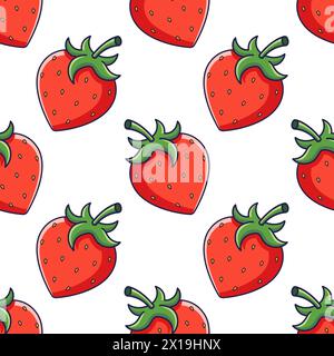Grazioso motivo rosso Strawberry senza cuciture in stile cartoni animati. Illustrazione della fragola vettoriale. Consistenza fragola. Motivo per abiti per bambini. Illustrazione Vettoriale