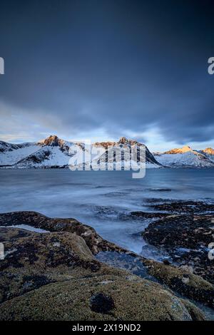 Ripide montagne al mare all'alba, Tungeneset, Senja, Troms, Norvegia, Europa Foto Stock