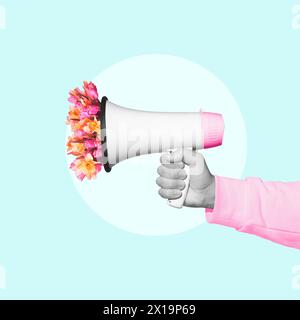Collage d'arte contemporanea. Mano che tiene il megafono con fiori fioriti all'interno. simboleggiano il potenziale di cambiamento positivo derivante dalla comunicazione. Foto Stock