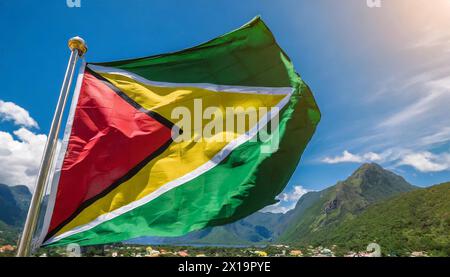 Die Fahne von Guyana, flattert im Wind, isoliert, gegen den blauen Himmel Foto Stock