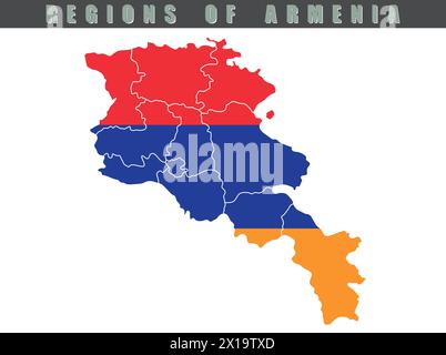 Mappa del paese dell'Armenia. Mappa vettoriale dettagliata dell'Armenia per regione. Mappa dell'Armenia con bandiera. Illustrazione Vettoriale