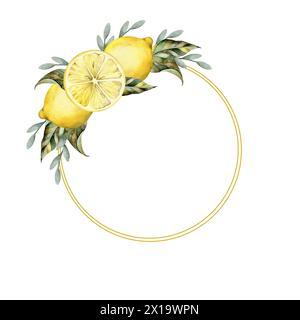 Illustrazione ad acquerello disegnata a mano con limone su un ramo con foglie. Composizione per poster, cartoline e banner decorativi e di design Foto Stock