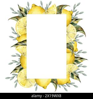 Illustrazione ad acquerello disegnata a mano con limone su un ramo con foglie. Composizione per poster, cartoline e banner decorativi e di design Foto Stock