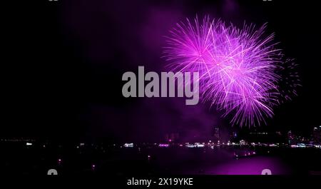 Spettacolari fuochi d'artificio di colore viola che esplodono nel cielo notturno sopra la baia Foto Stock