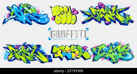 Set di illustrazioni vettoriali con lettere Street Art in stile urban Graffiti astratto e colorato Illustrazione Vettoriale