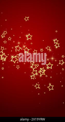 Stelle scintillanti sparse in modo casuale, volando, cadendo giù, fluttuando. Concetto di festa di Natale. Illustrazione vettoriale Festive Stars su sfondo rosso. Illustrazione Vettoriale