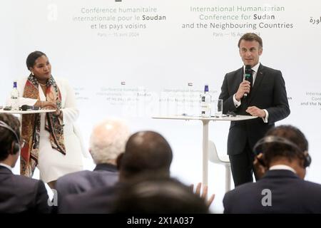 Parigi, Francia. 15 aprile 2024. @ Pool/ Stephane Lemouton /Maxppp, Francia, parigi, 2024/04/15 Presidente francese durante una conferenza internazionale per affrontare la guerra "dimenticata" del Sudan, a Parigi, Francia, il 15 aprile 2024. Crediti: MAXPPP/Alamy Live News Foto Stock