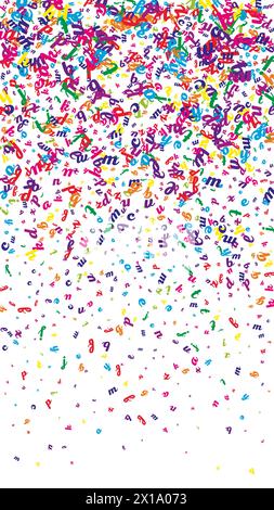 Lettere latine volanti. Carte colorate dell'alfabeto inglese sparse per bambini. Concetto di studio delle lingue straniere. Banner di ritorno a scuola su sfondo bianco. Illustrazione Vettoriale