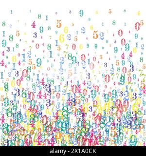Numeri sparsi. Coloratissime cifre infantili che volano caotiche. Banner di matematica di ritorno a scuola su sfondo bianco. Illustrazione vettoriale dei numeri in caduta. Illustrazione Vettoriale