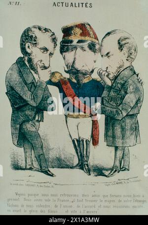 Napoleone III, imperatore dei francesi, affiancato da due dei suoi ministri, Emile Ollivier (a sinistra) e Georges Haussmann, Francia 1870 Foto Stock