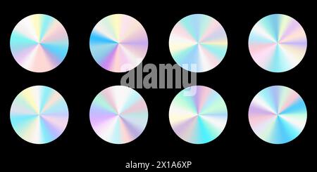 Set di ologrammi rotondi realistici. Sfumatura colore arcobaleno. illustrazione vettoriale 3d isolata su sfondo nero. Illustrazione Vettoriale