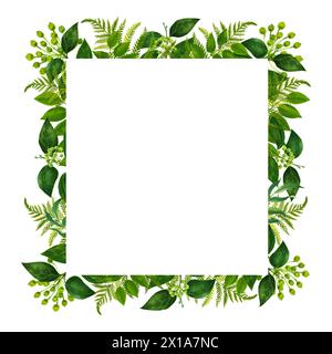 Cornice ad acquerello di rami e foglie su sfondo bianco per matrimoni e biglietti da visita Foto Stock