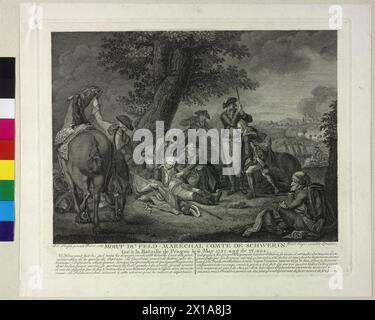 Morte del margravio Kurt Christoph von Schwerin durante la battaglia di Praga del 1757, comportamento del feldmaresciallo generale Schwerin durante la battaglia di Praga (seconda battaglia nella guerra settenniale tra Prussia e le truppe imperiali Austria) diventando nel testo sotto il grafico descritto: mentre il suo reggimento stava respingendo, tentando Schwerin, la bandiera del battaglione girava, con lo yodel 'Heran, meine Kinder, heran!' di nuovo in avanti. e' stata una violazione letale. Incisione di Daniel Salvager basata sul dipinto "Schwerins Tod in der Schlacht bei Prag" (1787) di Johann Christo Foto Stock