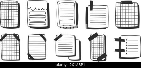 Collezione di adesivi per fogli di carta in stile fumetto, adesivi per appunti in bianco e nero. Inserimento creativo nel Journal e illustrazione per prendere appunti. Disegnato a mano ve Illustrazione Vettoriale