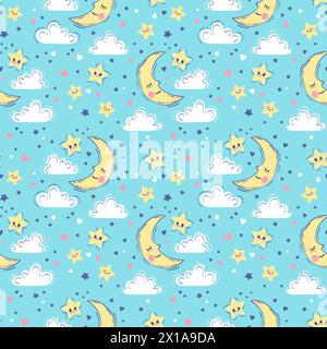 Disegno vettoriale a mano senza cuciture. Sfondo carino con luna sorridente addormentata, stelle, nuvole. Cielo notturno, stampa baby nei colori azzurri Illustrazione Vettoriale