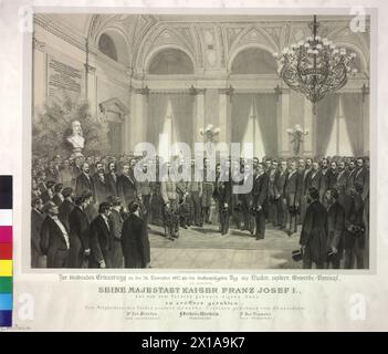 L'imperatore Francesco Giuseppe i all'apertura della casa dell'associazione commerciale dei bassi austriaci 1872, come sede della società era 1872 il nouveau costruì il palazzo Eschenbach a Vienna, vicino alla Ringstrasse solenne aperto dall'imperatore Francesco Giospefo I. L'Imperatore è accolto dal presidente Franz Barone di Wertheim e dai membri della società nella grande sala da ballo, litografia di Vincenz Katzler, firmata, - 18720101 PD1064 - Rechteinfo: Diritti gestiti (RM) Foto Stock