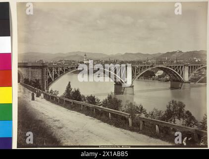 Vista dall'Austria, ponte ferroviario a Marburgo presso la Drava (Maribor), casa editrice V. A. Heck, 1885 - 18850101 PD4132 - Rechteinfo: Rights Managed (RM) Foto Stock