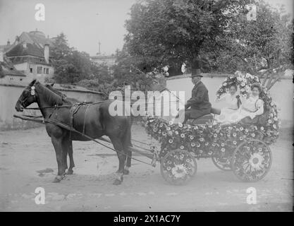 Vienna 18, parco Tuerkenschanzpark (parco Tuerkenschanz), adornato con carrozza di conferma fiori con due ragazze vestite bianche e un cocchiere, prima che si alzino due cavalli. Carrello davanti al muro esterno dell'edificio, 1890 - 18900101 PD1259 - Rechteinfo: Diritti gestiti (RM) Foto Stock