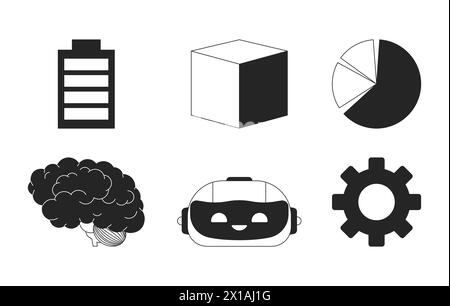 Tecnologia AI che elabora il set di oggetti di cartoni animati 2D in bianco e nero Illustrazione Vettoriale