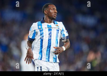 Sheraldo Becker del Real Sociedad guarda durante la partita LaLiga EA Sports tra Real Sociedad e UD Almeria al reale Arnea Stadium il 14 aprile 2 Foto Stock