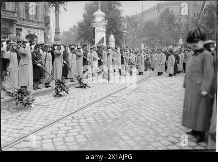 Celebrazione del centenario nell'ocassione della battaglia delle nazioni a Lipsia sulla Schwarzenbergplatz viennese, Francesco Giuseppe che cammina con l'erede al trono Francesco Ferdinando il fronte dello standard del lavandino tra Kolowratring e Schwarzenbergplatz., 16.10.1913 - 19131016 PD0010 - Rechteinfo: Rights Managed (RM) Foto Stock