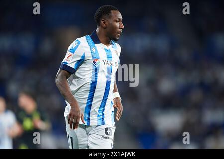 Sheraldo Becker del Real Sociedad guarda durante la partita LaLiga EA Sports tra Real Sociedad e UD Almeria al reale Arnea Stadium il 14 aprile 2 Foto Stock