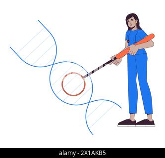 Medico donna che ricerca dna Helix 2D personaggio di cartoni animati lineari Illustrazione Vettoriale