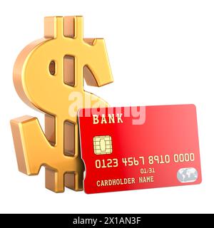 Carta di credito con simbolo del dollaro, rendering 3D isolato su sfondo bianco Foto Stock