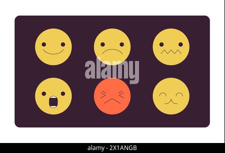 Emoji che esprimono sensazioni diverse oggetti di cartoni animati lineari 2D. Illustrazione Vettoriale
