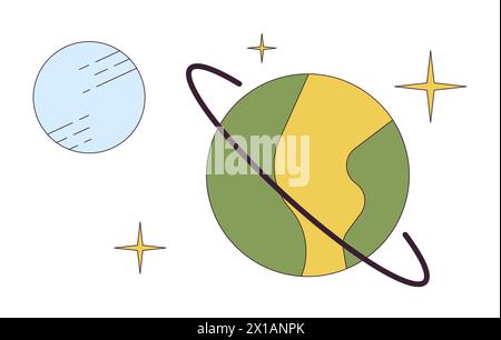 Pianeti nello spazio profondo 2D di oggetti cartoonici lineari Illustrazione Vettoriale