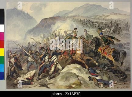 Combatti a Tarvis 1797, prima guerra di coalizione. 23.3,1797. Carlo, Arciduca d'Austria a cavallo nella lotta. acquerello di Peter Johann Nepomuk Geiger, firmato, - 19300101 PD21989 - Rechteinfo: Diritti gestiti (RM) Foto Stock