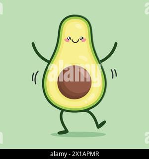 Carino personaggio dei cartoni animati, Avocado che danza. Concetto di alimentazione sana e fitness. Illustrazione vettoriale Illustrazione Vettoriale